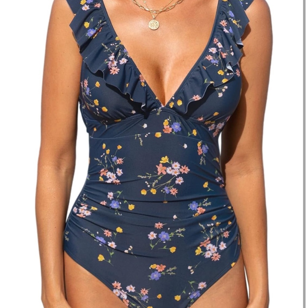 Cupshe Women’s Ruffled One Piece V Neck Small Denim Blue Floral NWT